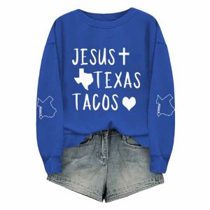 Women's Jesus Texas Tacos Print Round Neck Sweatshirt 1 Women's Jesus Texas Tacos Print Round Neck Sweatshirt