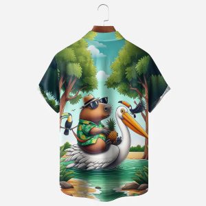 Capybara Parrot Beach Chest Pocket Hawaiian Shirt