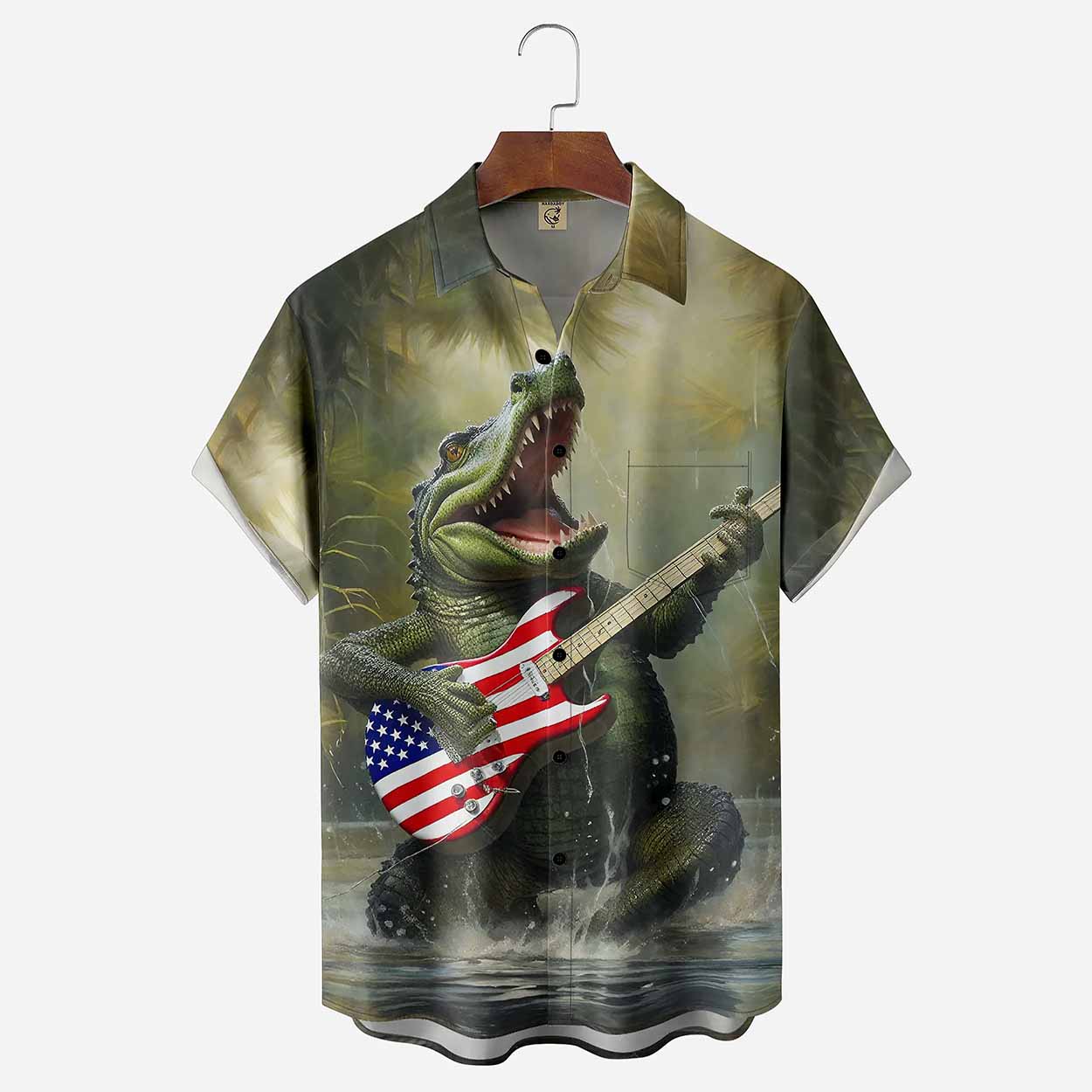 American Flag Guitar Alligator Chest Pocket Hawaiian Shirt American Flag Guitar Alligator Chest Pocket Hawaiian Shirt