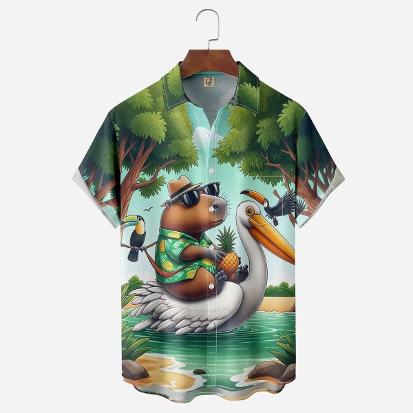 Capybara Parrot Beach Chest Pocket Hawaiian Shirt