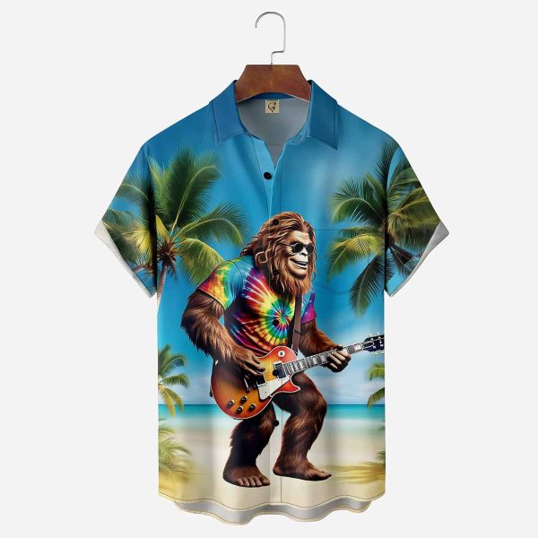 Hippie Bigfoot Guitar Coconut Tree Chest Hawaiian Shirt