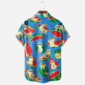 Watermelon Cat Chest Pocket Hawaiian Shirt 1 Watermelon Cat Chest Pocket Hawaiian Shirt