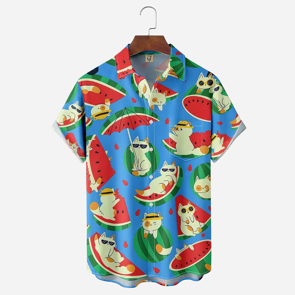 Watermelon Cat Chest Pocket Hawaiian Shirt Watermelon Cat Chest Pocket Hawaiian Shirt