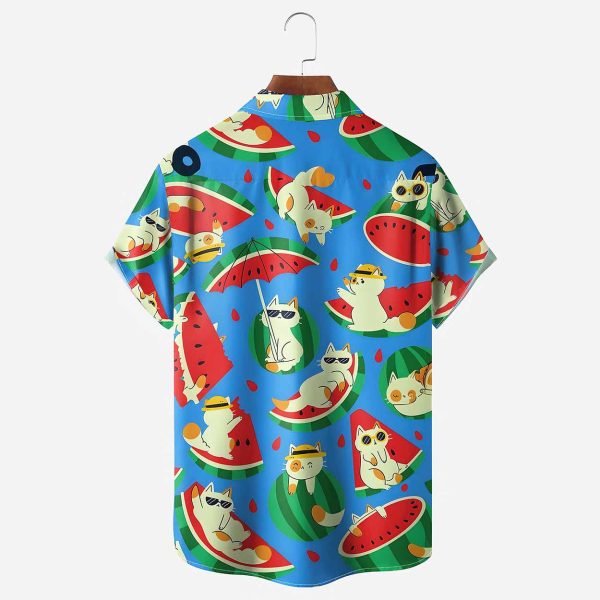 Watermelon Cat Chest Pocket Hawaiian Shirt