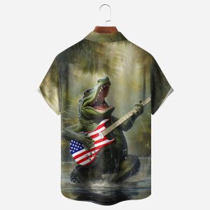 American Flag Guitar Alligator Chest Pocket Hawaiian Shirt